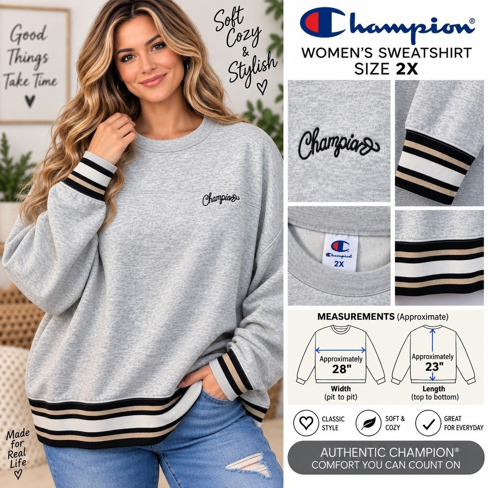 Champion Womens Sweatshirt 2X Grey Heather Striped Trim Pullover Cropped New